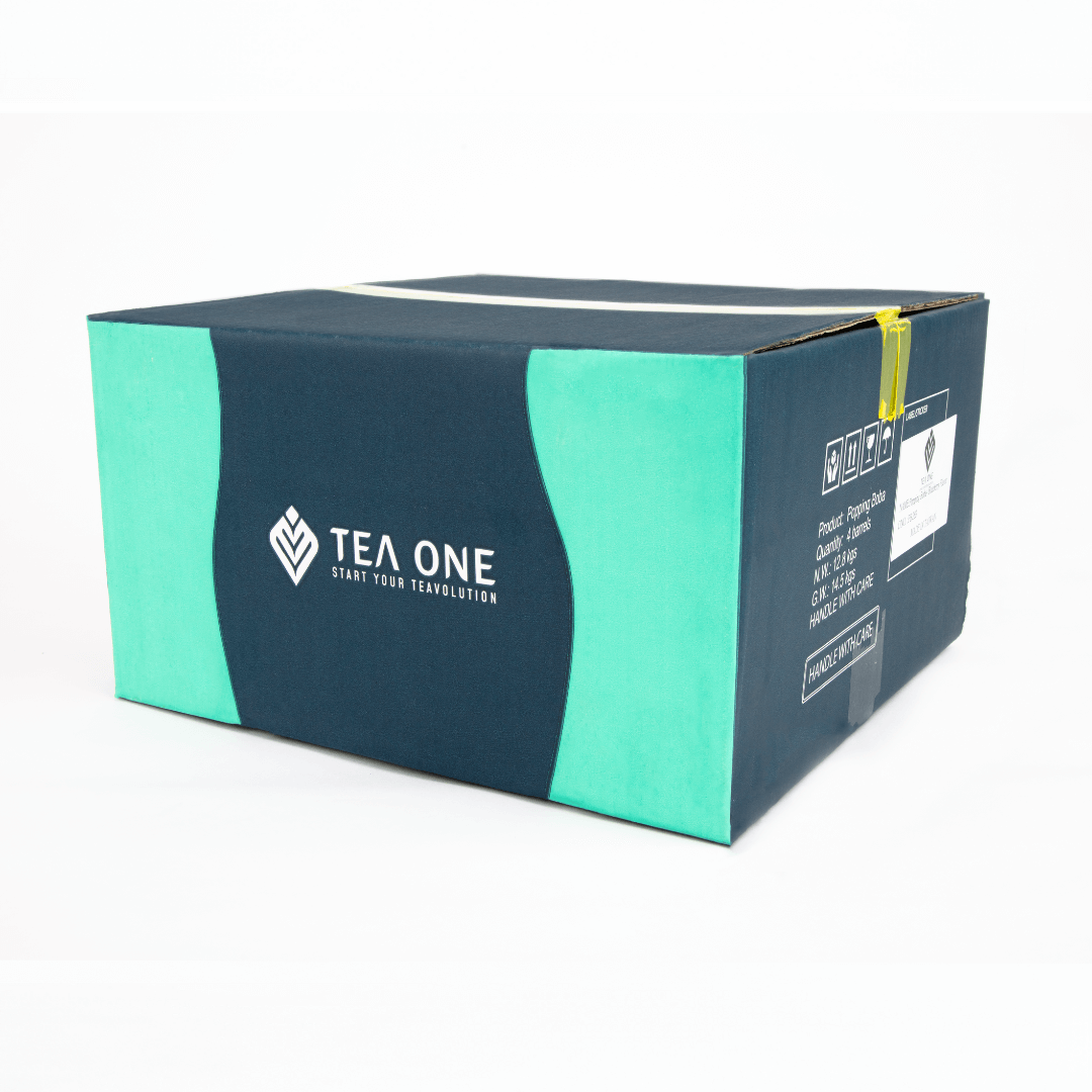 Carton containing 4 buckets of TEA ONE Blueberry Popping Boba (4 × 3.2 kg) for bulk orders.