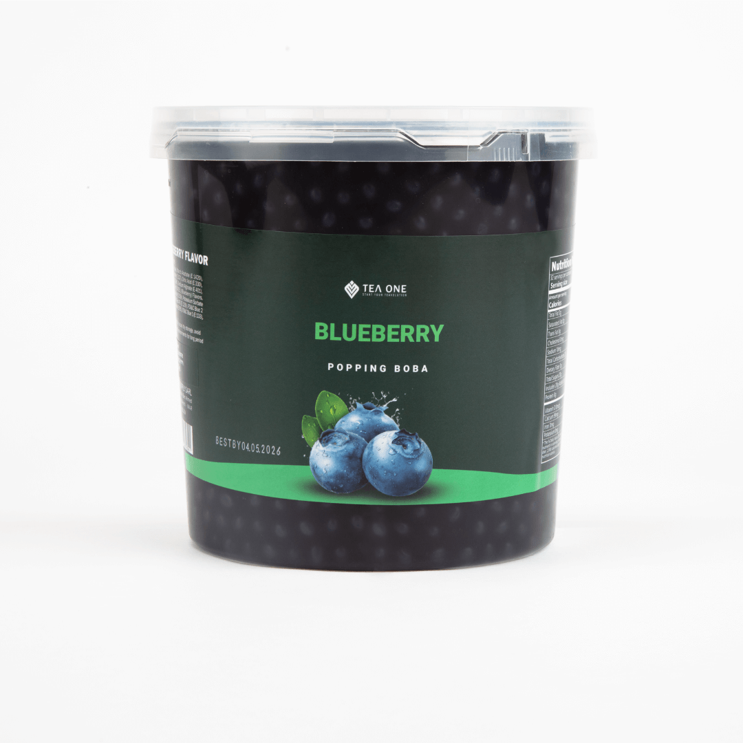 TEA ONE Blueberry Popping Boba wholesale bucket – 3.2 kg premium bubble-tea topping pearls for cafés, shops & beverage suppliers.