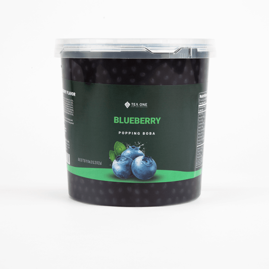 TEA ONE Blueberry Popping Boba wholesale bucket – 3.2 kg premium bubble-tea topping pearls for cafés, shops & beverage suppliers.