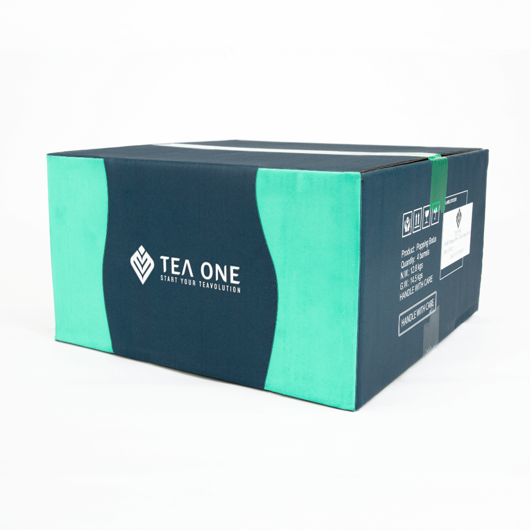 Carton containing 4 buckets of TEA ONE Green Apple Popping Boba (4 × 3.2 kg) for bulk orders.