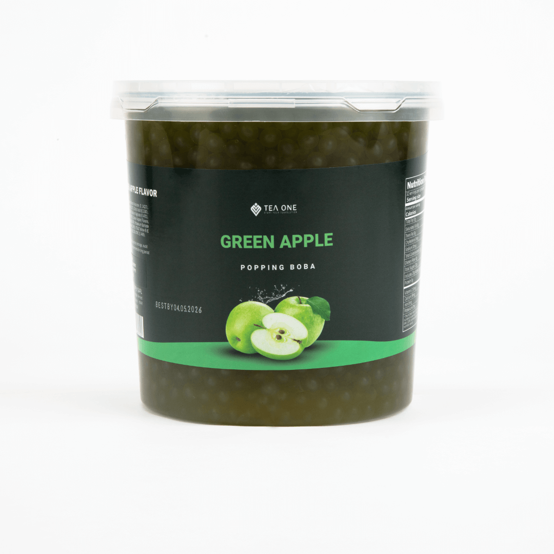 TEA ONE Green Apple Popping Boba wholesale bucket – 3.2 kg premium bubble-tea topping pearls for cafés, shops & beverage suppliers.