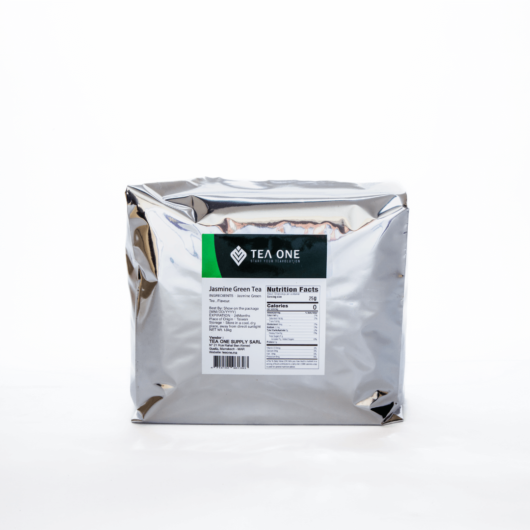 TEA ONE Jasmin Green Tea 1.8 kg foil pack – premium loose-leaf base for milk & bubble tea, bulk wholesale.