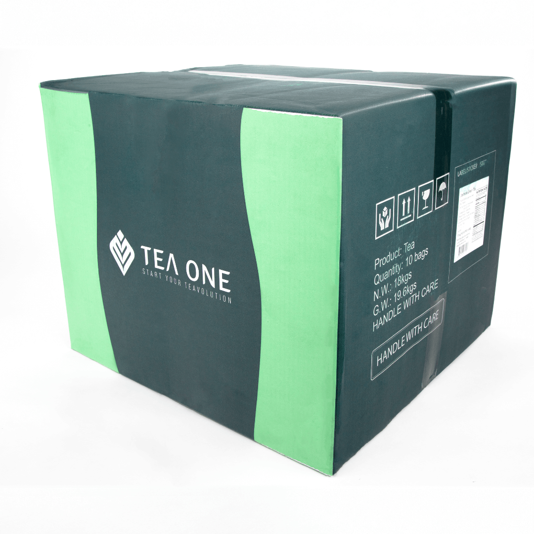 Carton with 10 × 1.8 kg foil packs of TEA ONE Jasmin Green Tea, wholesale packaging.