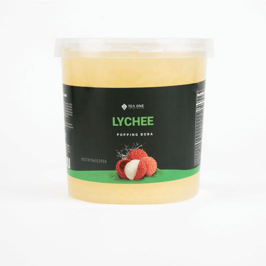 TEA ONE Lychee Popping Boba wholesale bucket – 3.2 kg premium bubble-tea topping pearls for cafés, shops & beverage suppliers.