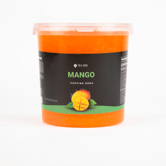 TEA ONE Mango Popping Boba wholesale bucket – 3.2 kg premium bubble-tea topping pearls for cafés, shops & beverage suppliers.