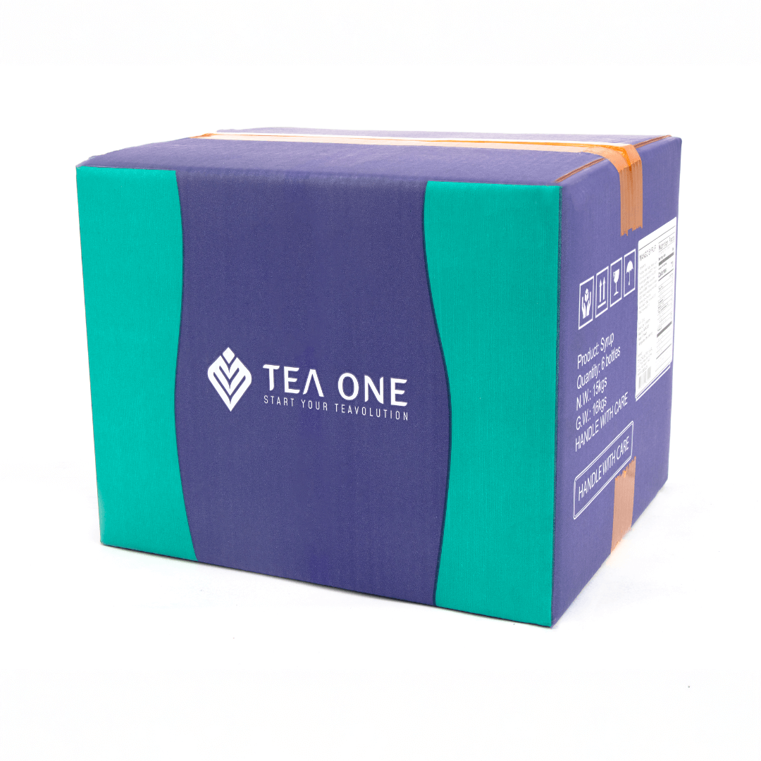 Carton containing 6 bottles of TEA ONE Mango Syrup (6 × 2.5 kg) for bulk orders.