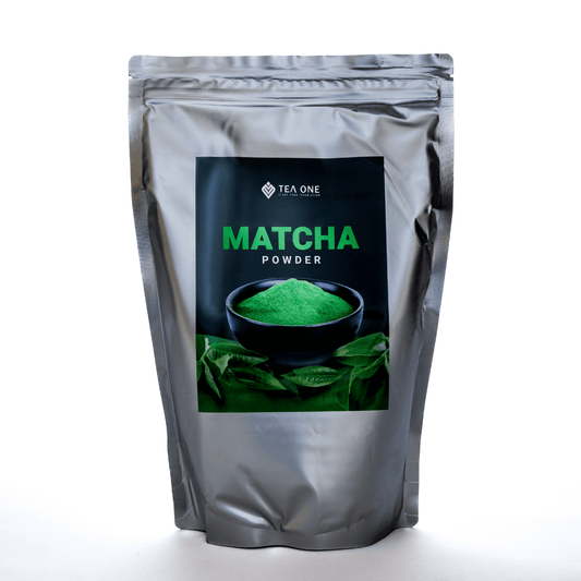 TEA ONE Matcha Powder 1 kg stand-up pouch – authentic Japanese-grade green-tea powder for bubble-tea drinks & desserts, wholesale size.