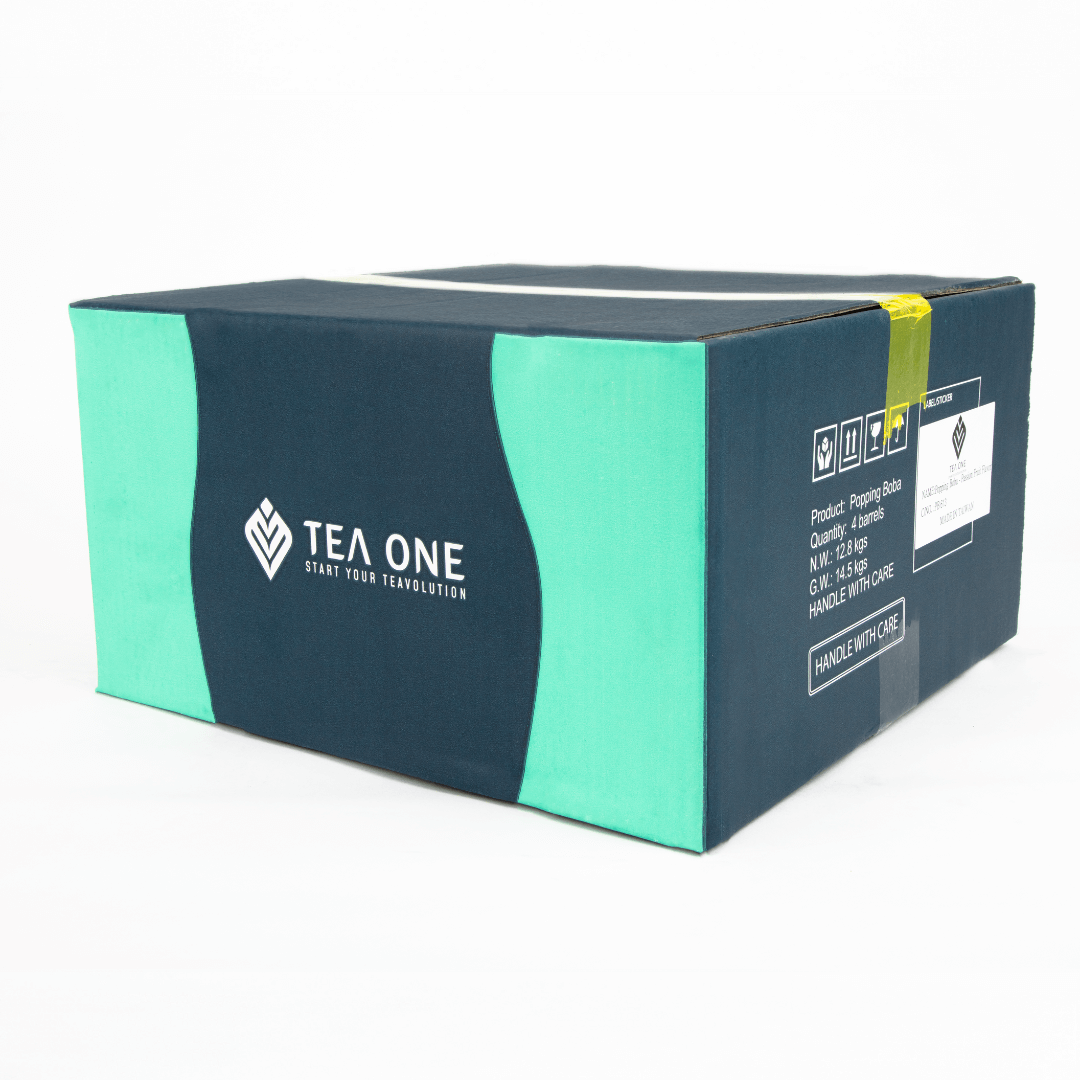 Carton containing 4 buckets of TEA ONE Passion Fruit Popping Boba (4 × 3.2 kg) for bulk orders.