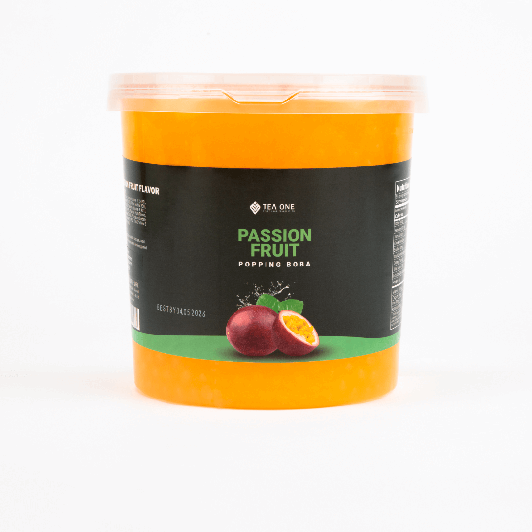 TEA ONE Passion Fruit Popping Boba wholesale bucket – 3.2 kg premium bubble-tea topping pearls for cafés, shops & beverage suppliers.