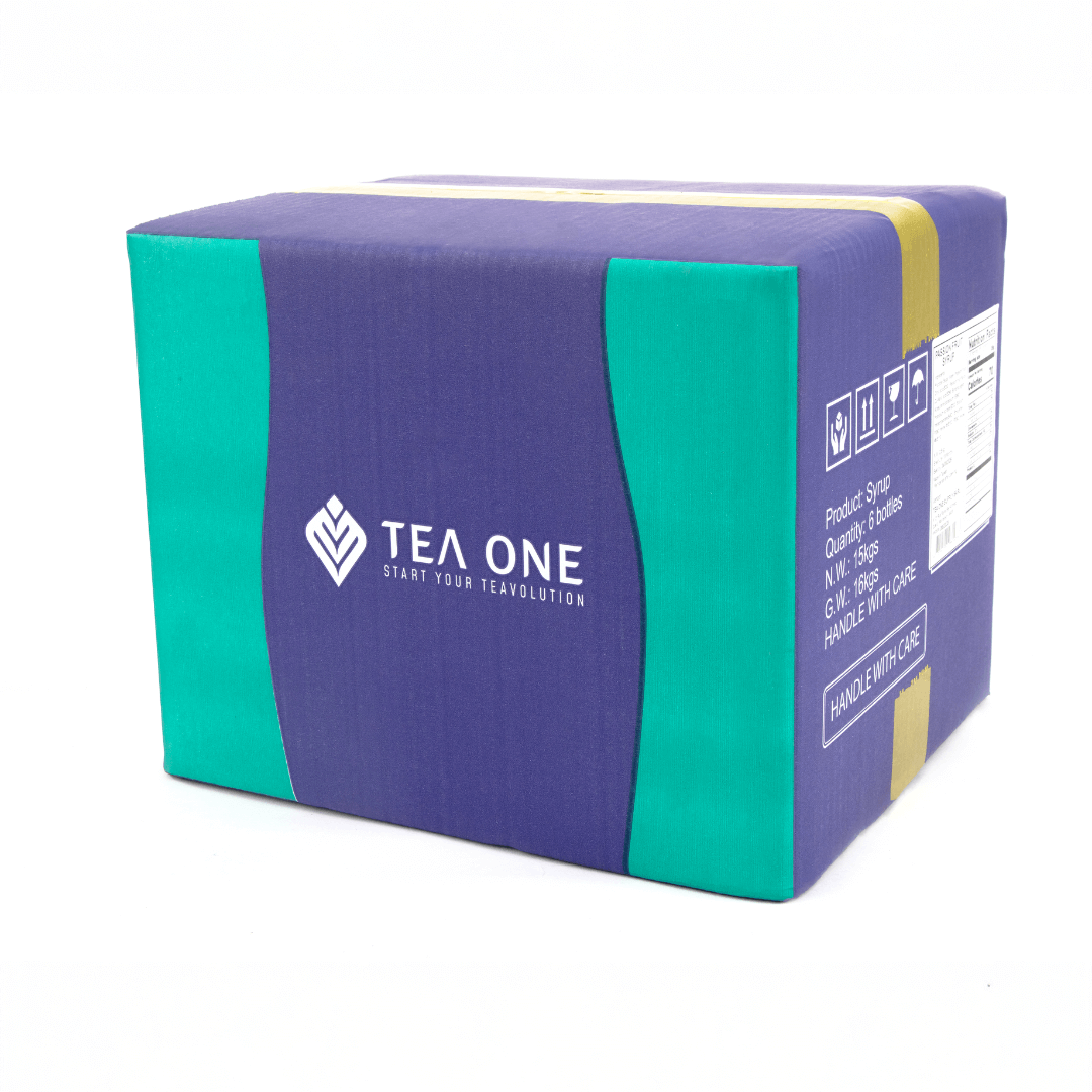 Carton containing 6 bottles of TEA ONE Passion Fruit Syrup (6 × 2.5 kg) for bulk orders.