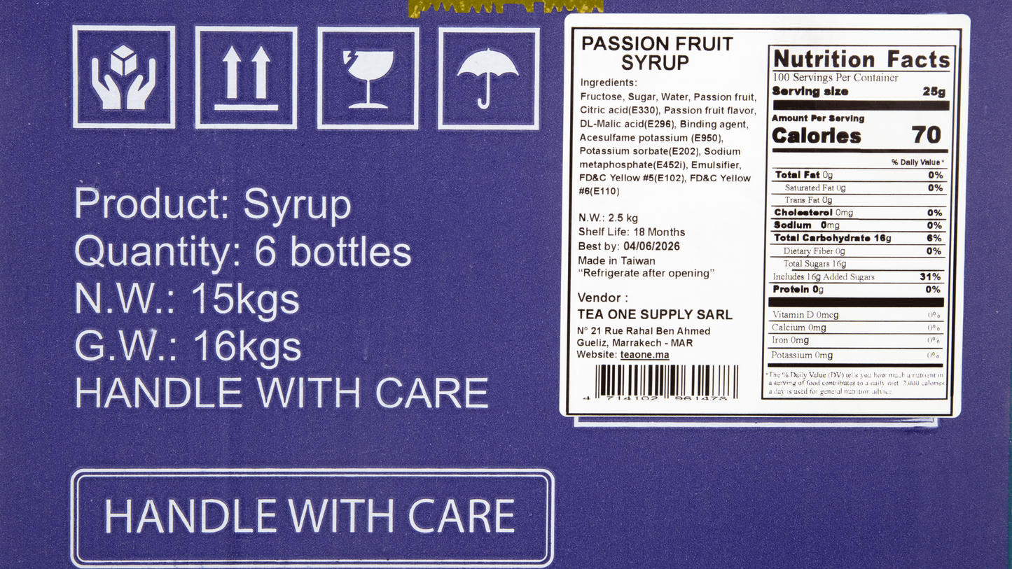 Side label on TEA ONE Passion Fruit Syrup box displaying 6 × 2.5 kg contents, ingredients and storage information.