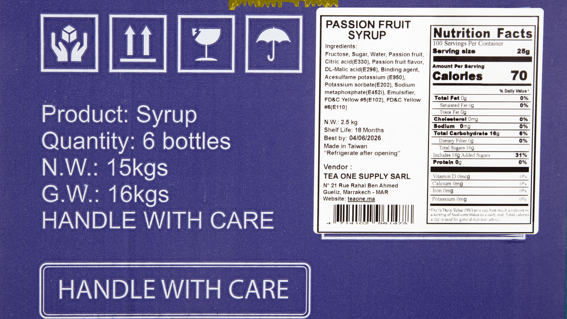 Side label on TEA ONE Passion Fruit Syrup box displaying 6 × 2.5 kg contents, ingredients and storage information.
