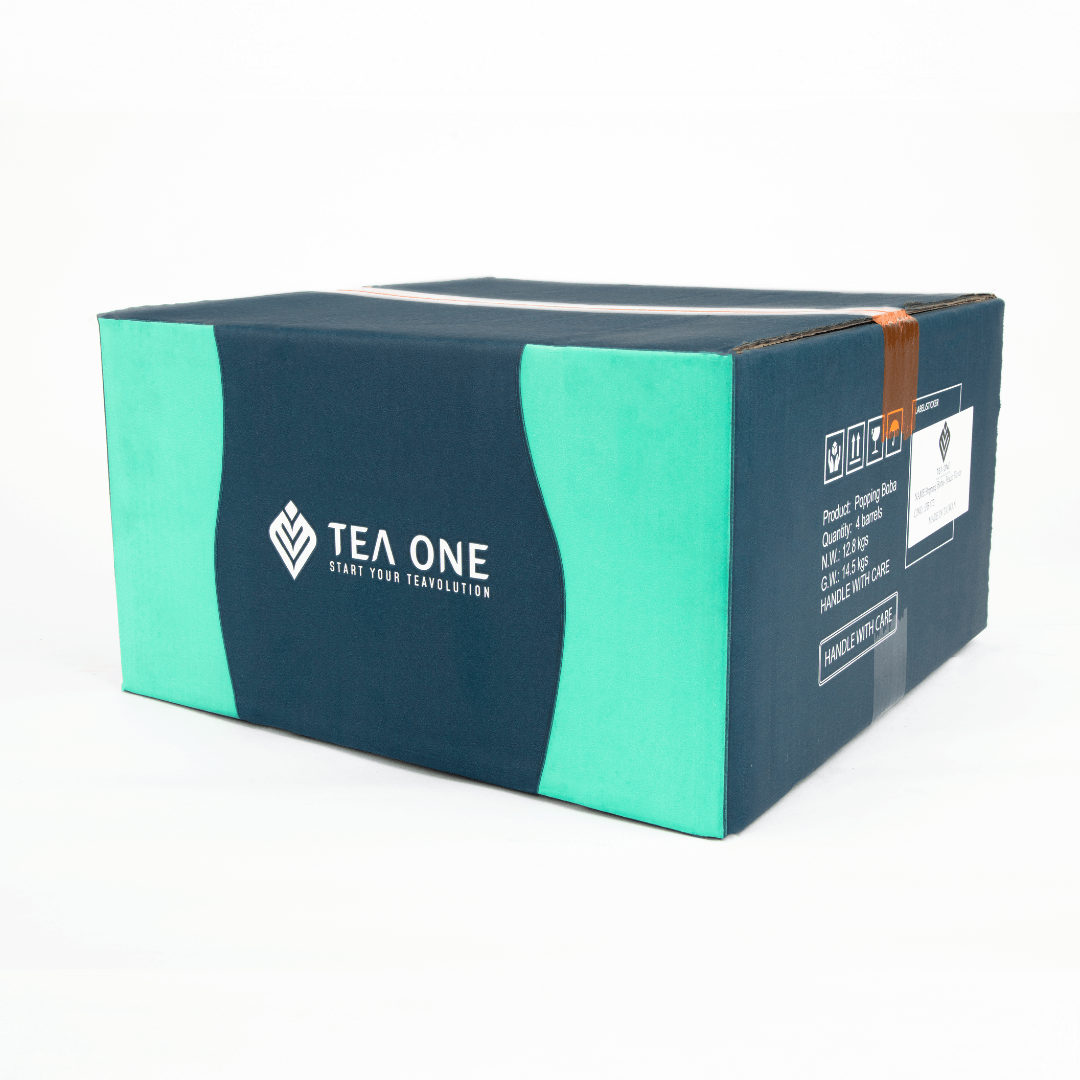 Carton containing 4 buckets of TEA ONE Peach Popping Boba (4 × 3.2 kg) for bulk orders.