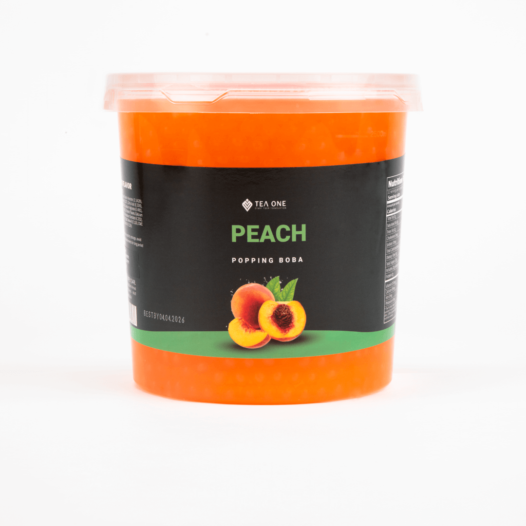 TEA ONE Peach Popping Boba wholesale bucket – 3.2 kg premium bubble-tea topping pearls for cafés, shops & beverage suppliers.