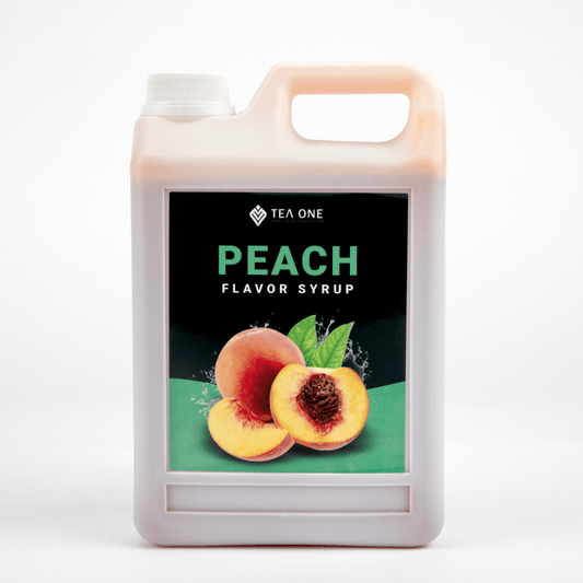 TEA ONE Peach Syrup 2.5 kg catering canister – bulk bubble-tea flavour concentrate for cafés, restaurants & beverage wholesalers.