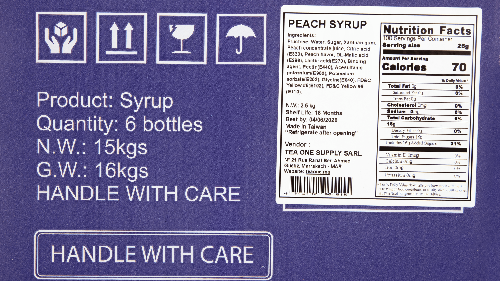 Side label on TEA ONE Peach Syrup box displaying 6 × 2.5 kg contents, ingredients and storage information.