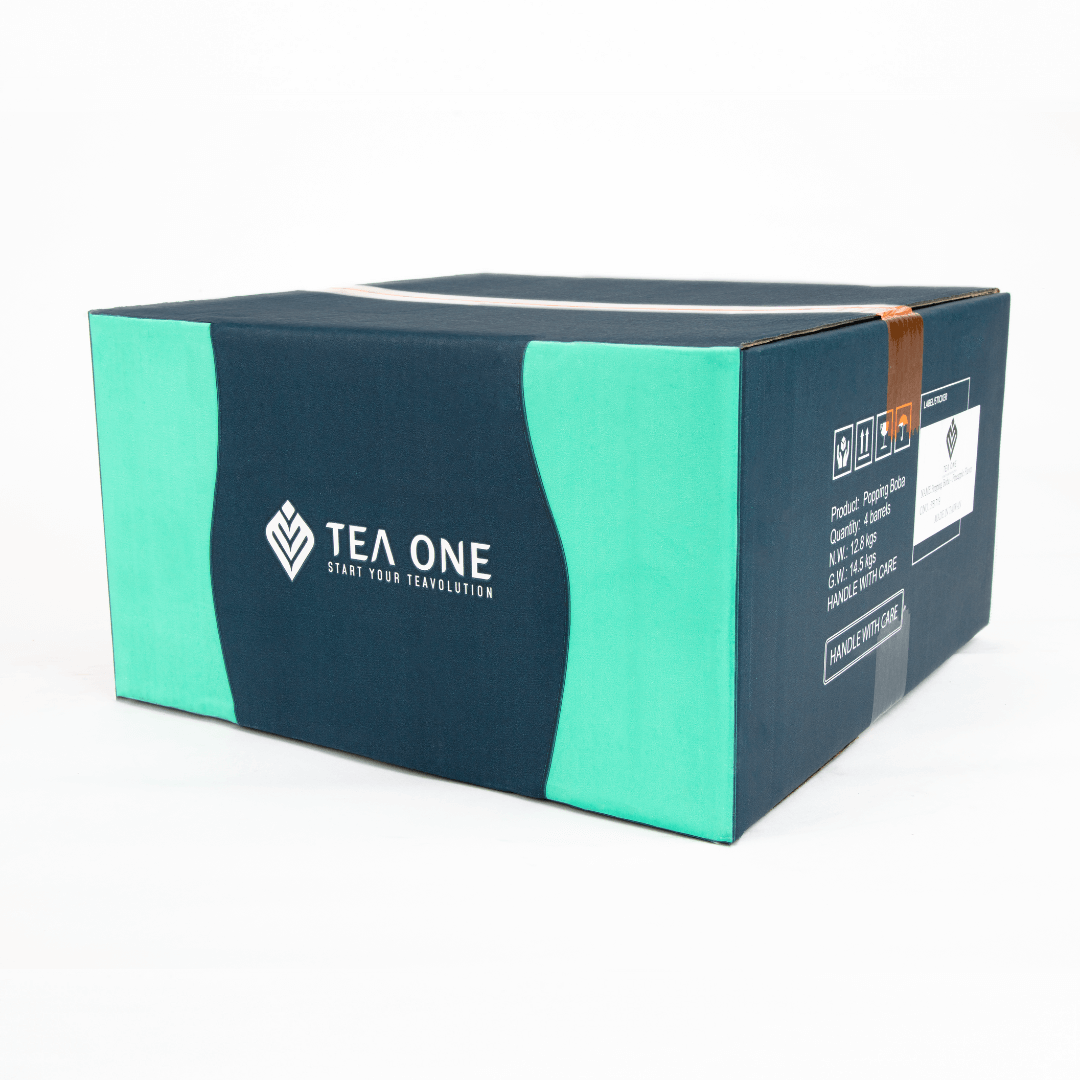 Carton containing 4 buckets of TEA ONE Pineapple Popping Boba (4 × 3.2 kg) for bulk orders.