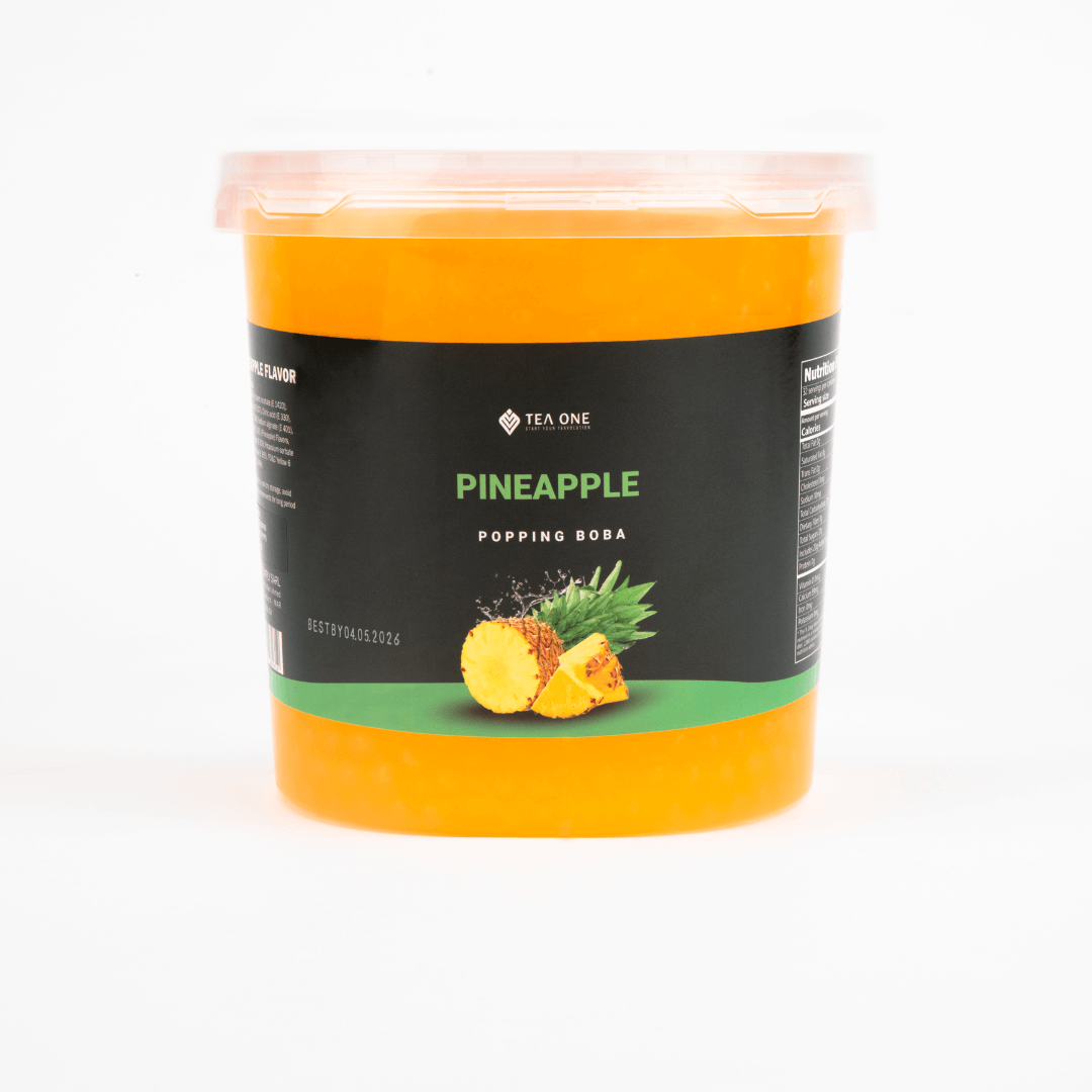 TEA ONE Pineapple Popping Boba wholesale bucket – 3.2 kg premium bubble-tea topping pearls for cafés, shops & beverage suppliers.