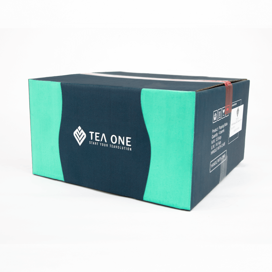 Carton containing 4 buckets of TEA ONE Strawberry Popping Boba (4 × 3.2 kg) for bulk orders.