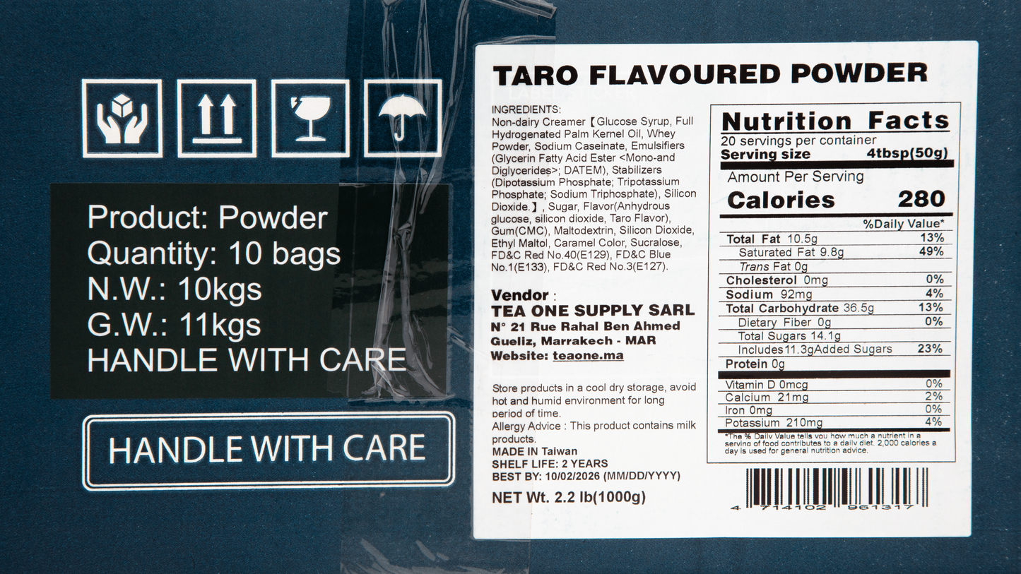 Detail shot of TEA ONE Taro Powder outer box label with 10 × 1 kg spec, nutritional panel and barcode.