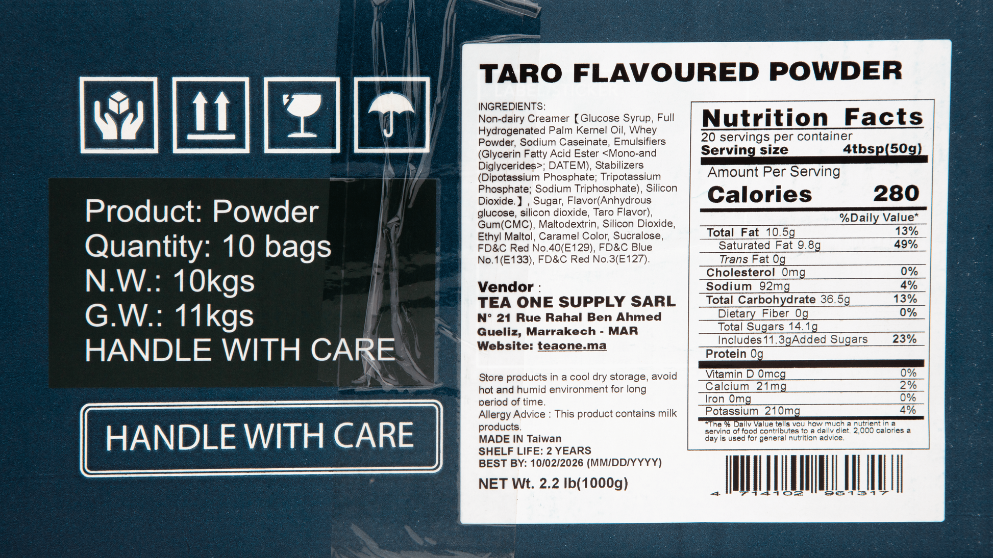 Detail shot of TEA ONE Taro Powder outer box label with 10 × 1 kg spec, nutritional panel and barcode.