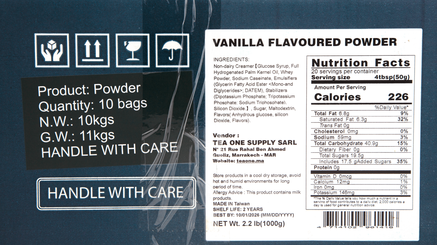 Detail shot of TEA ONE Vanilla Powder outer box label with 10 × 1 kg spec, nutritional panel and barcode.