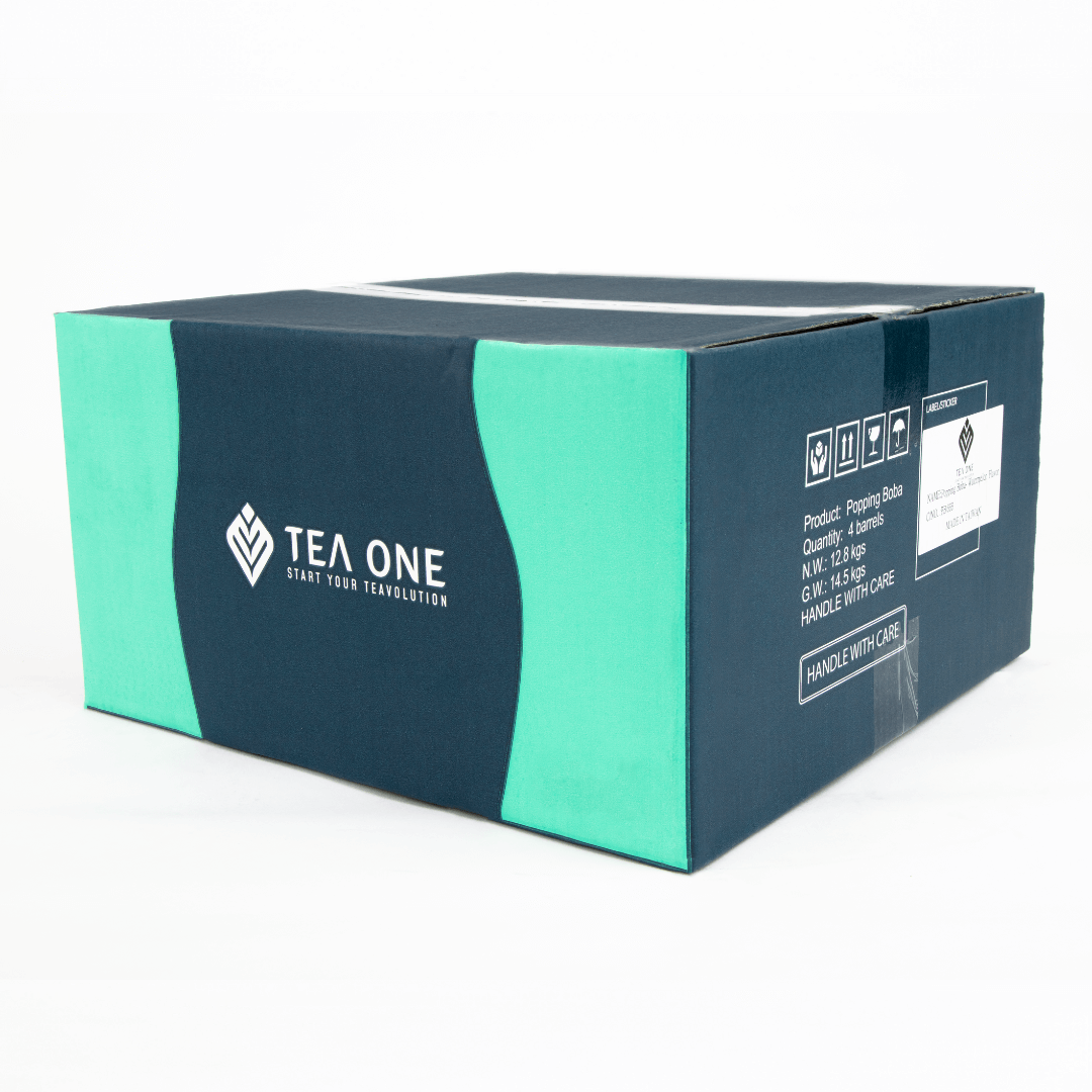 Carton containing 4 buckets of TEA ONE Watermelon Popping Boba (4 × 3.2 kg) for bulk orders.