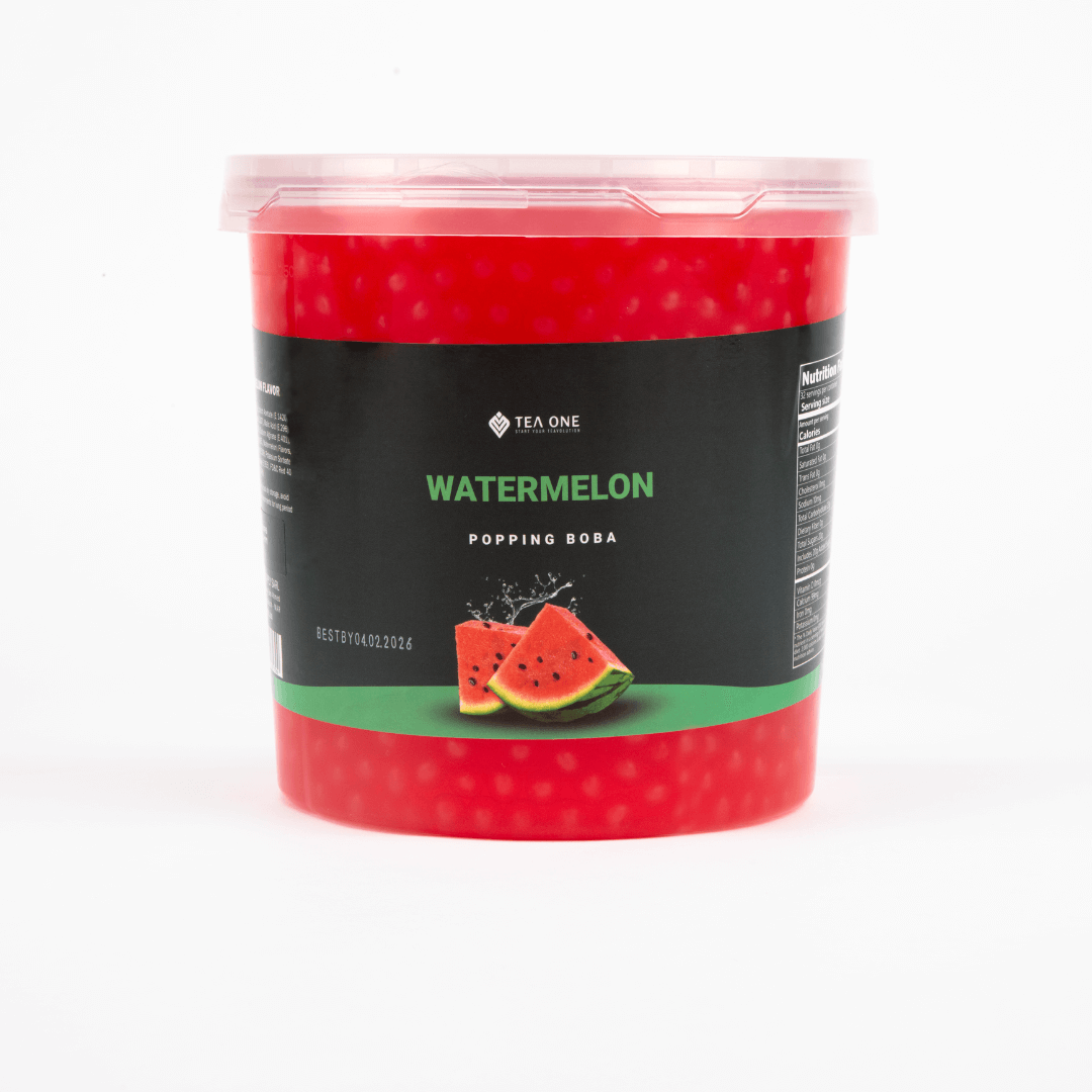 TEA ONE Watermelon Popping Boba wholesale bucket – 3.2 kg premium bubble-tea topping pearls for cafés, shops & beverage suppliers.