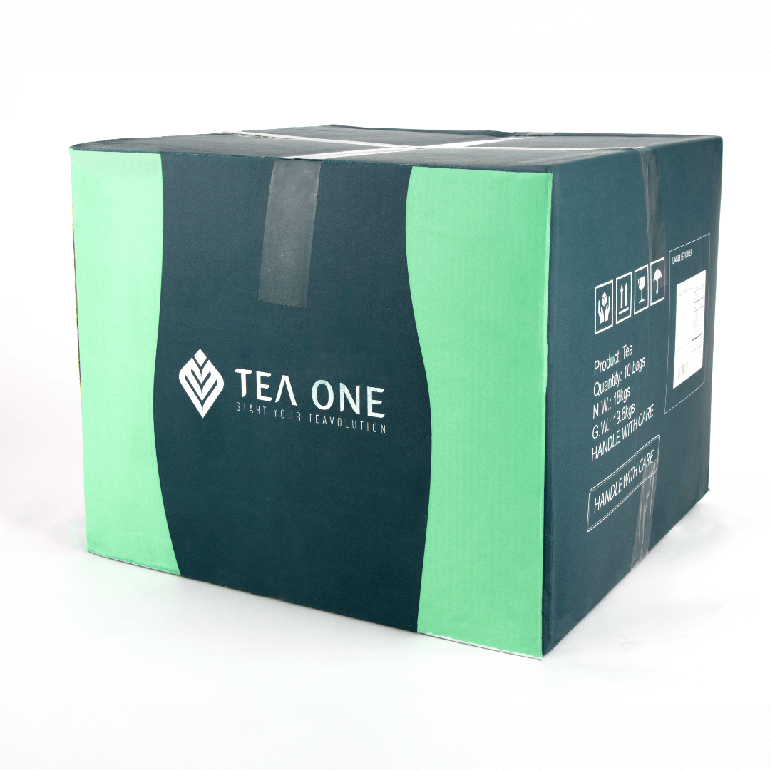 Carton with 10 × 1.8 kg foil packs of TEA ONE Assam Black Tea, wholesale packaging.