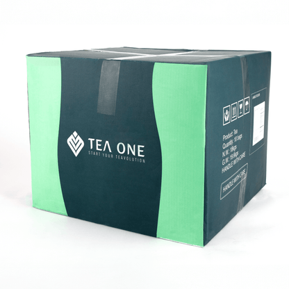 Carton with 10 × 1.8 kg foil packs of TEA ONE Assam Black Tea, wholesale packaging.