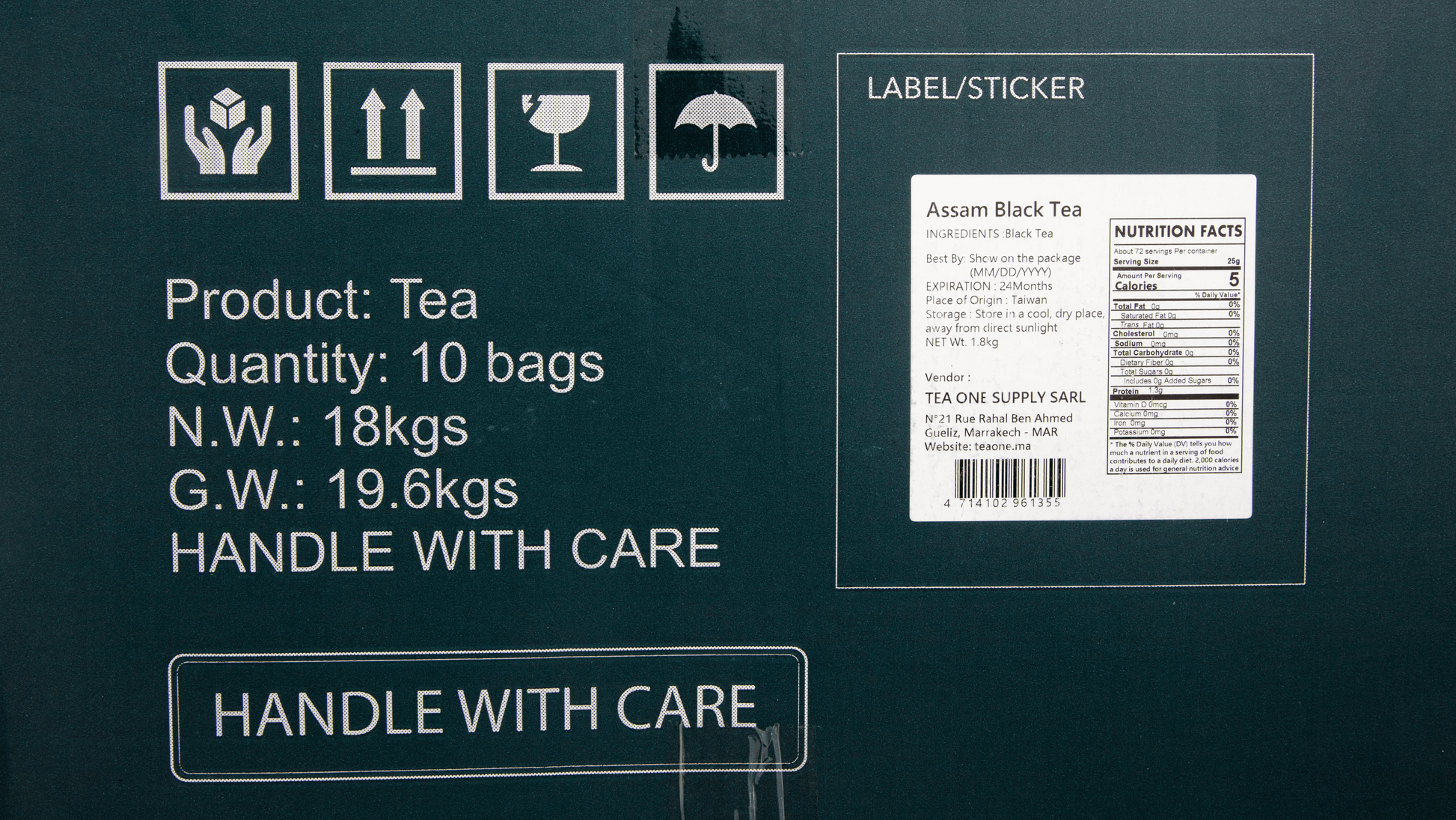 Carton side label for TEA ONE Assam Black Tea, 10 × 1.8 kg foil packs, origin and nutrition facts visible.