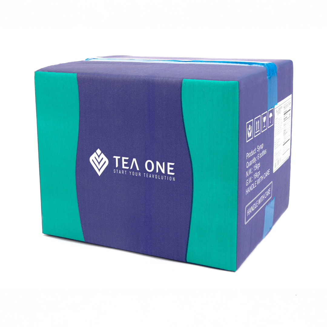 Carton containing 6 bottles of TEA ONE Blueberry Syrup (6 × 2.5 kg) for bulk orders.