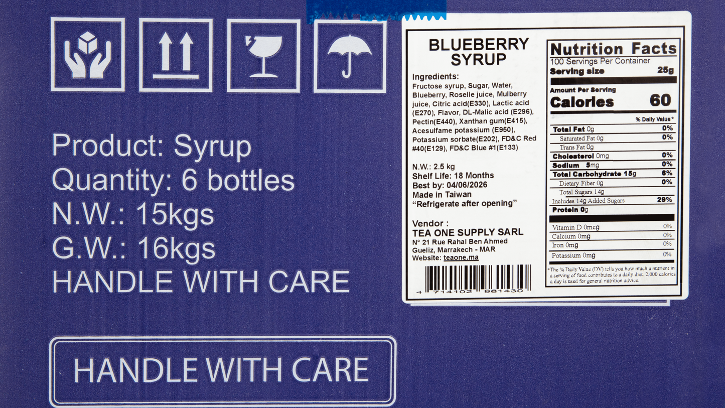 Side label on TEA ONE Blueberry Syrup box displaying 6 × 2.5 kg contents, ingredients and storage information.