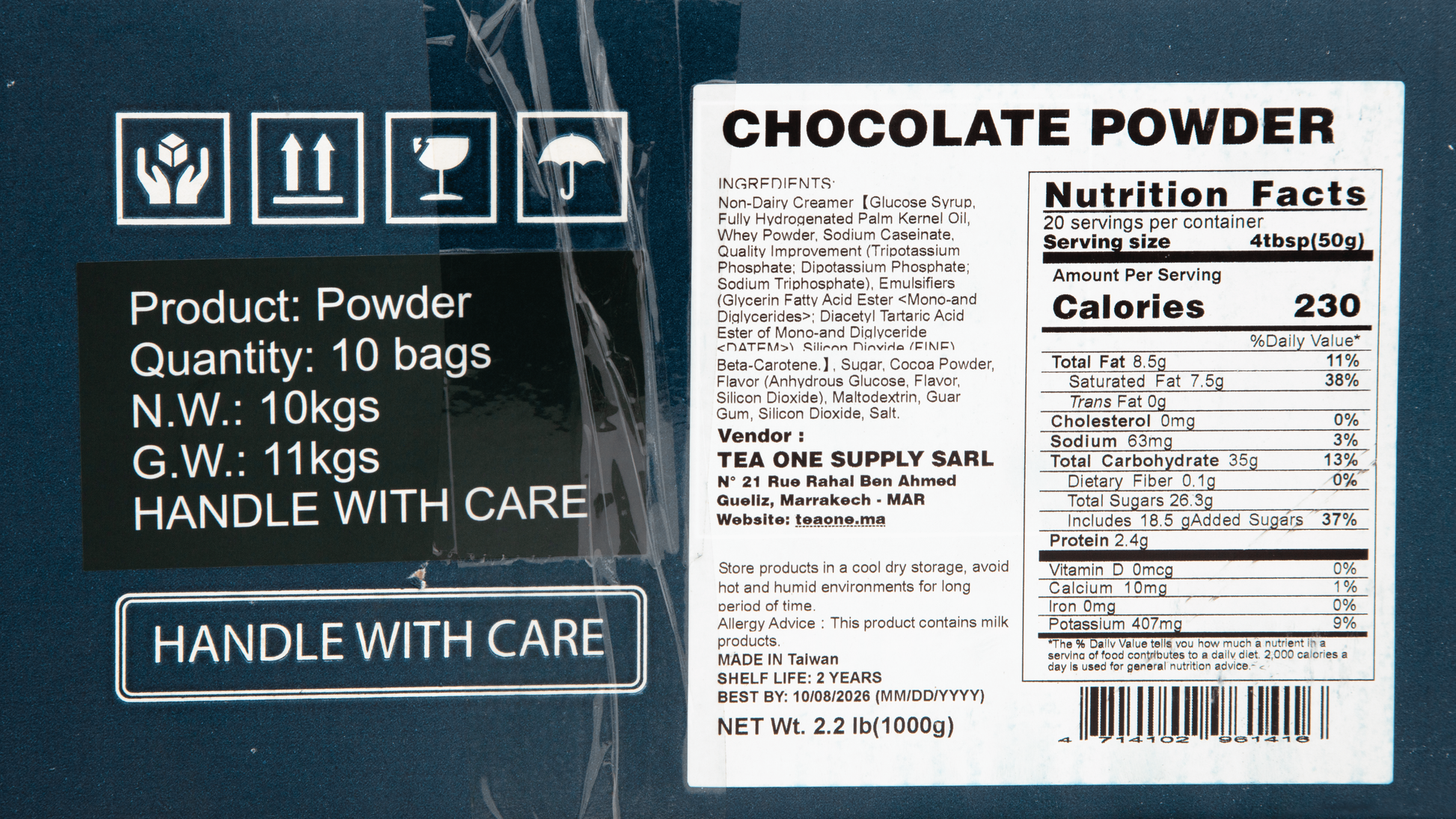 Detail shot of TEA ONE Chocolate Powder outer box label with 10 × 1 kg spec, nutritional panel and barcode.