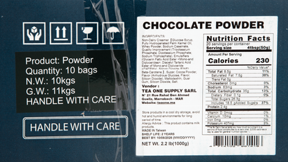 Detail shot of TEA ONE Chocolate Powder outer box label with 10 × 1 kg spec, nutritional panel and barcode.
