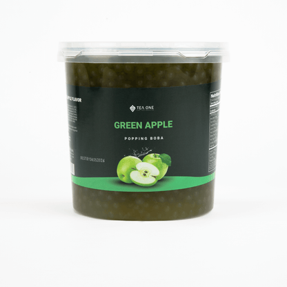 TEA ONE Green Apple Popping Boba wholesale bucket – 3.2 kg premium bubble-tea topping pearls for cafés, shops & beverage suppliers.