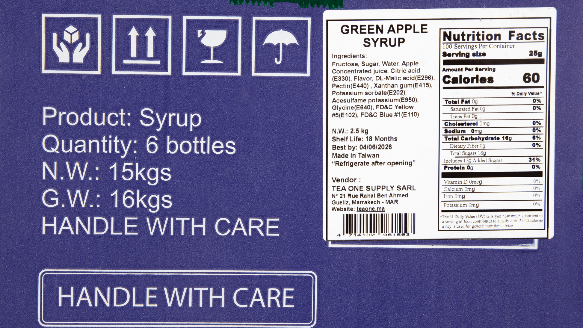 Side label on TEA ONE Green Apple Syrup box displaying 6 × 2.5 kg contents, ingredients and storage information.