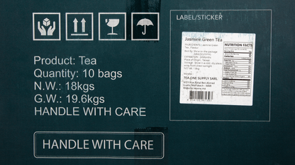 Carton side label for TEA ONE Jasmin Green Tea, 10 × 1.8 kg foil packs, origin and nutrition facts visible.