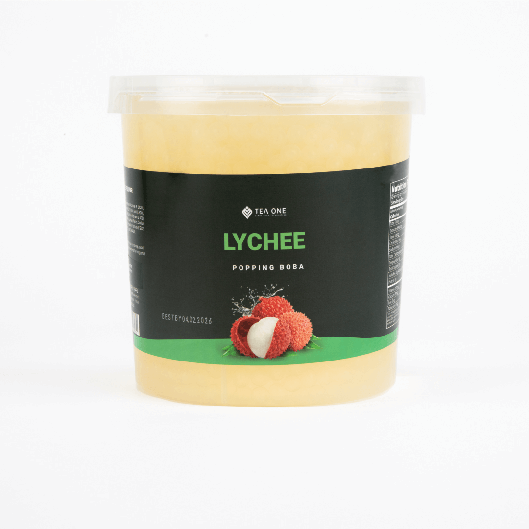 TEA ONE Lychee Popping Boba wholesale bucket – 3.2 kg premium bubble-tea topping pearls for cafés, shops & beverage suppliers.