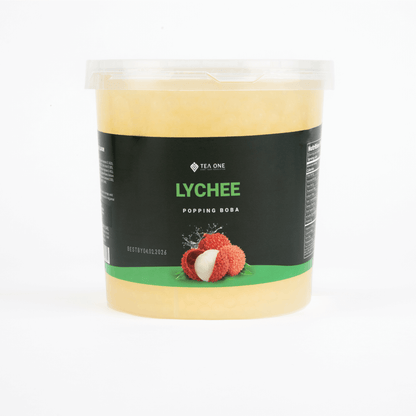 TEA ONE Lychee Popping Boba wholesale bucket – 3.2 kg premium bubble-tea topping pearls for cafés, shops & beverage suppliers.