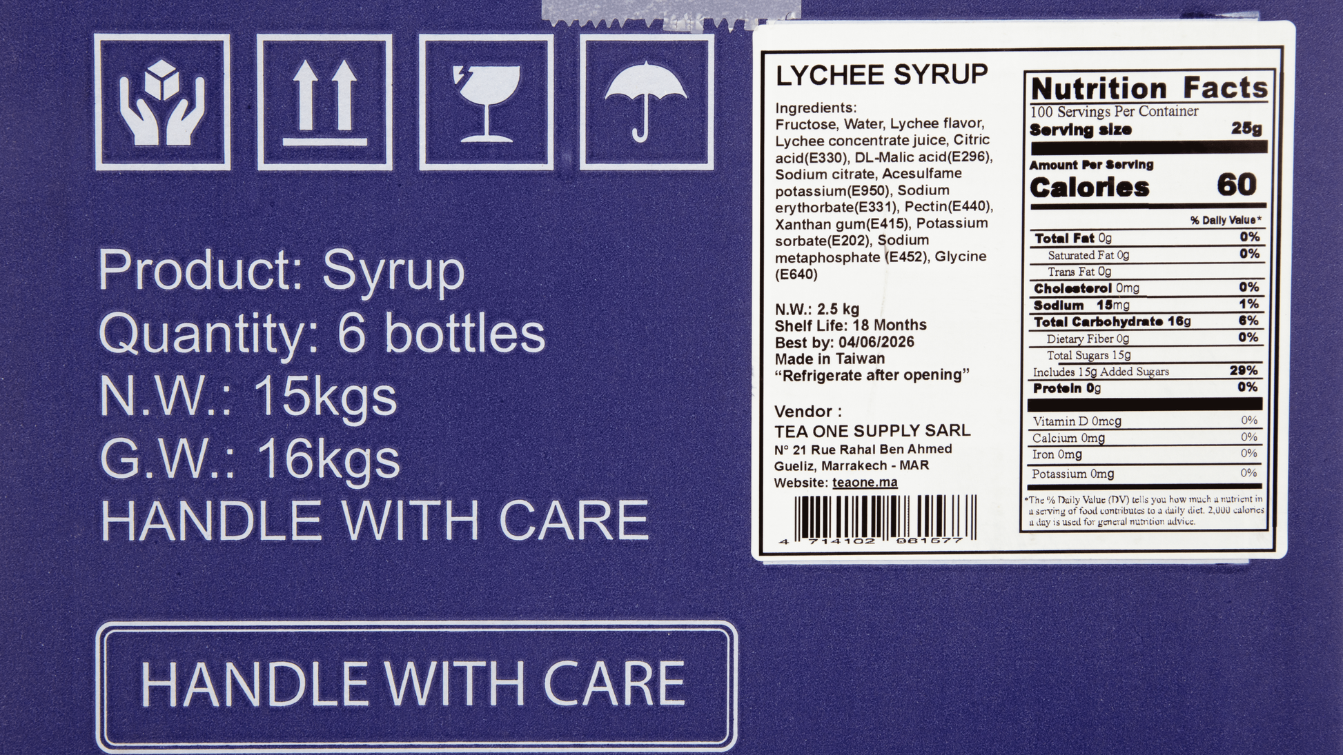 Side label on TEA ONE Lychee Syrup box displaying 6 × 2.5 kg contents, ingredients and storage information.
