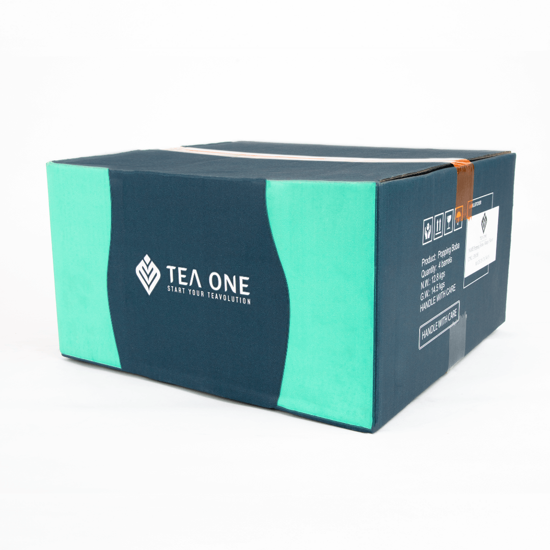 Carton containing 4 buckets of TEA ONE Mango Popping Boba (4 × 3.2 kg) for bulk orders.