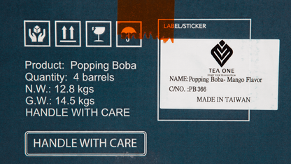 Close-up of TEA ONE Mango Popping Boba carton label – flavor, quantity and weight information.