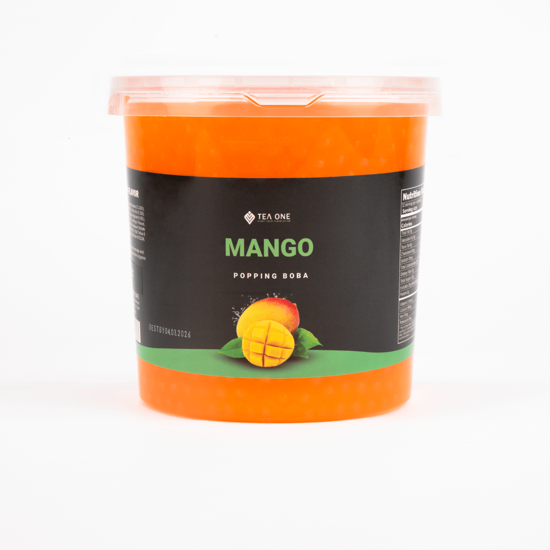 TEA ONE Mango Popping Boba wholesale bucket – 3.2 kg premium bubble-tea topping pearls for cafés, shops & beverage suppliers.