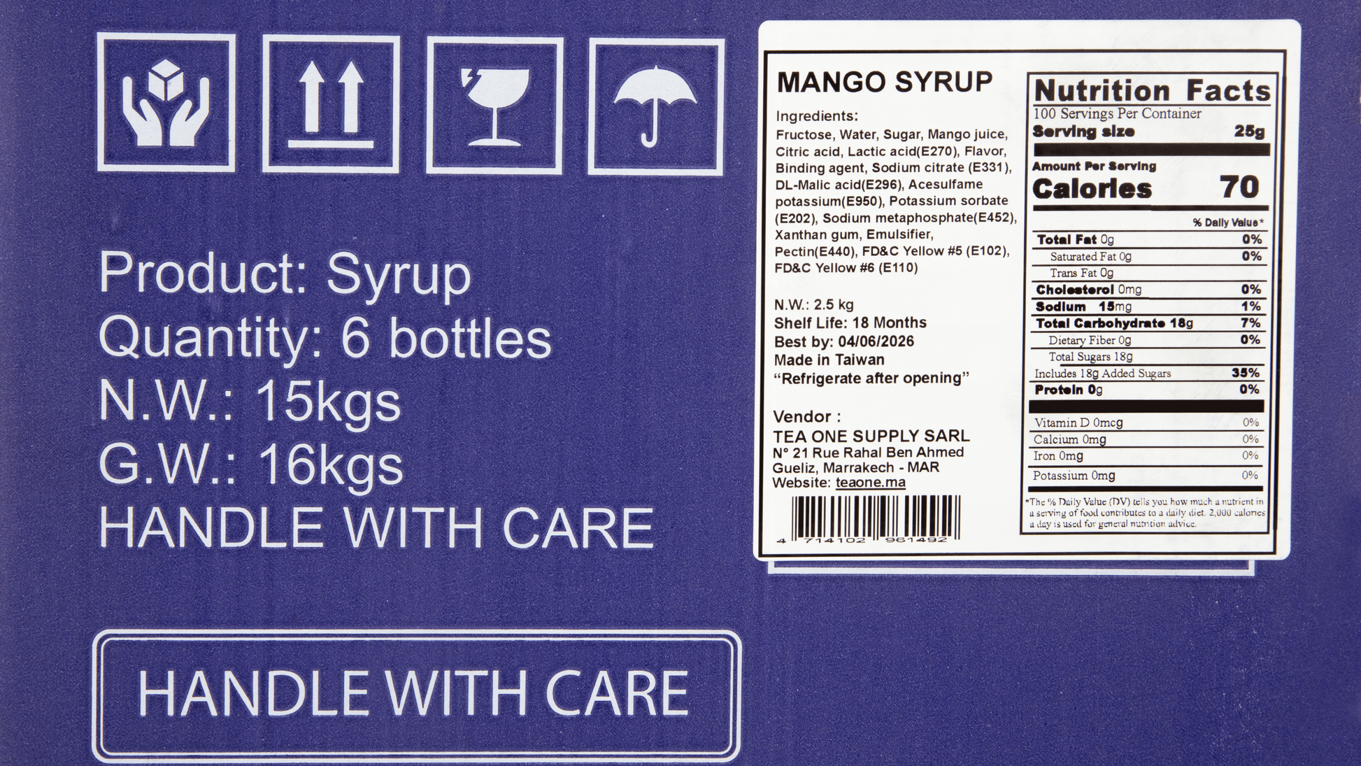 Side label on TEA ONE Mango Syrup box displaying 6 × 2.5 kg contents, ingredients and storage information.