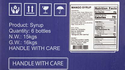 Side label on TEA ONE Mango Syrup box displaying 6 × 2.5 kg contents, ingredients and storage information.