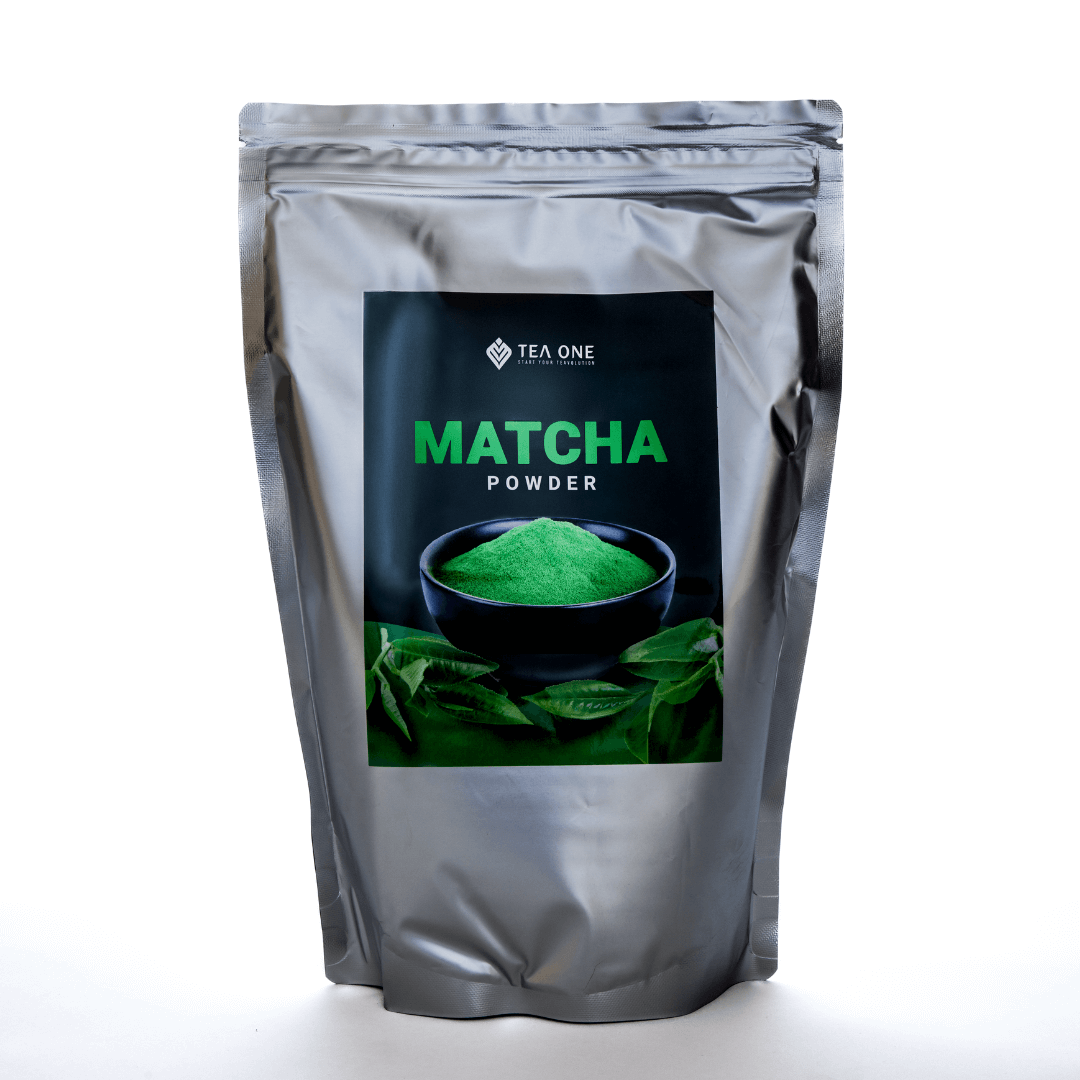 TEA ONE Matcha Powder 1 kg stand-up pouch – authentic Japanese-grade green-tea powder for bubble-tea drinks & desserts, wholesale size.