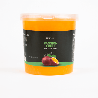 TEA ONE Passion Fruit Popping Boba wholesale bucket – 3.2 kg premium bubble-tea topping pearls for cafés, shops & beverage suppliers.