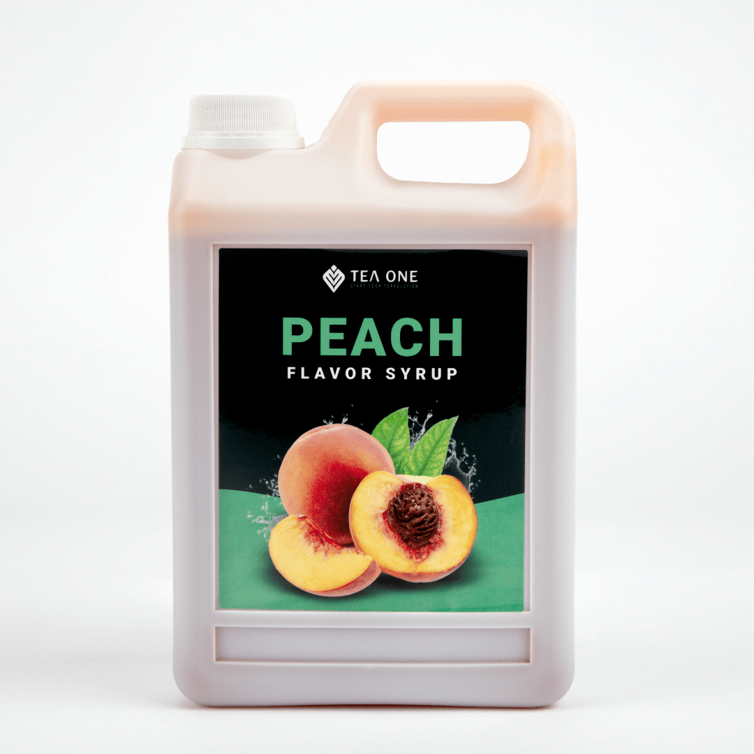 TEA ONE Peach Syrup 2.5 kg catering canister – bulk bubble-tea flavour concentrate for cafés, restaurants & beverage wholesalers.
