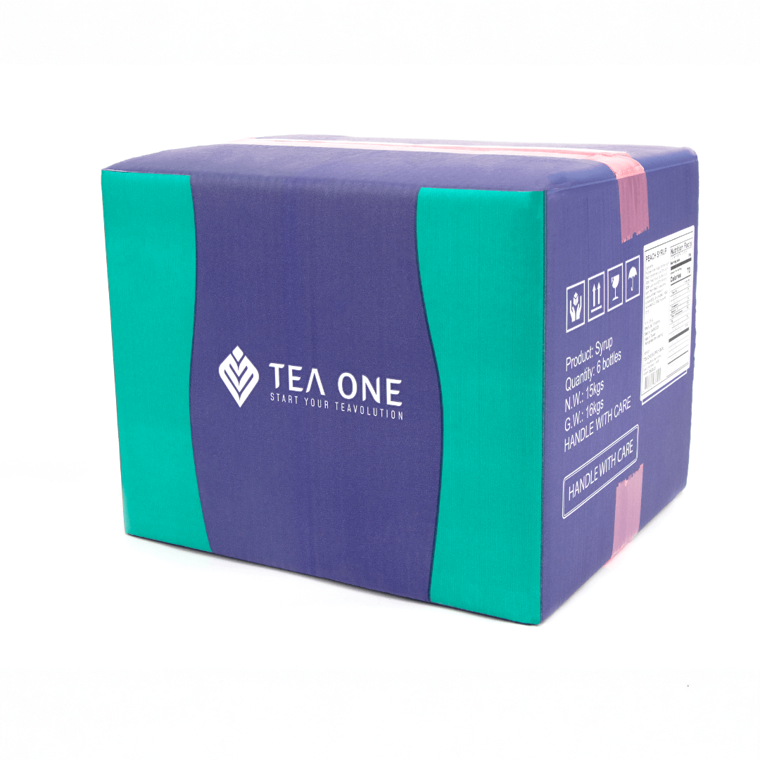 Carton containing 6 bottles of TEA ONE Peach Syrup (6 × 2.5 kg) for bulk orders.